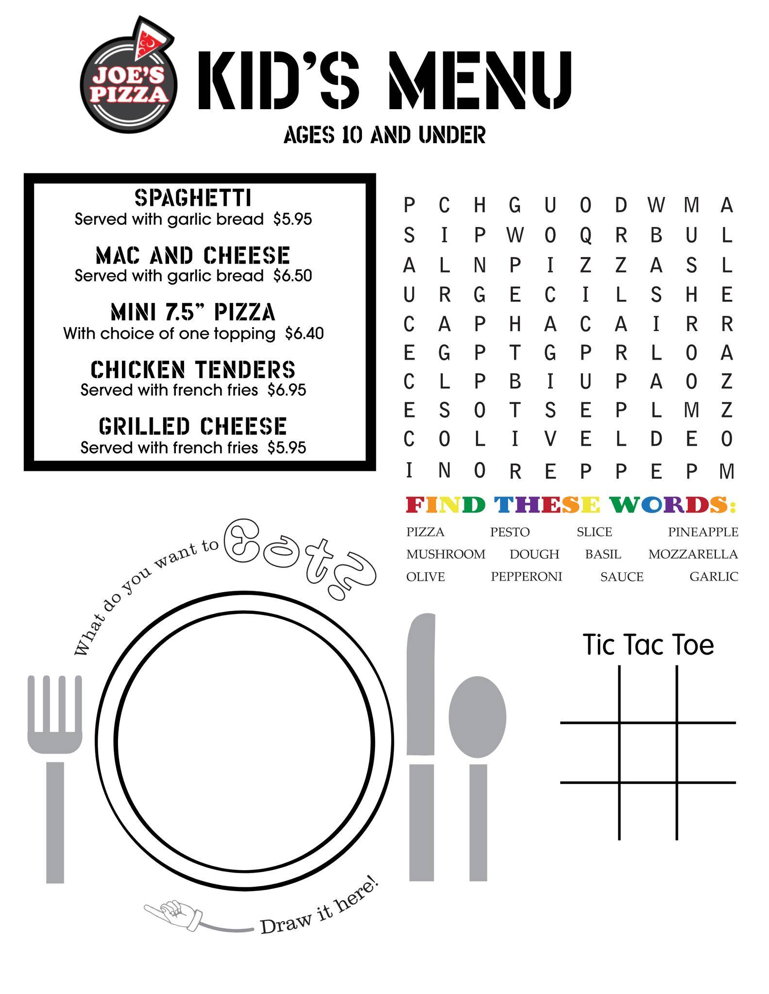 Menu at Joe's Pizza pizzeria, Tuscola