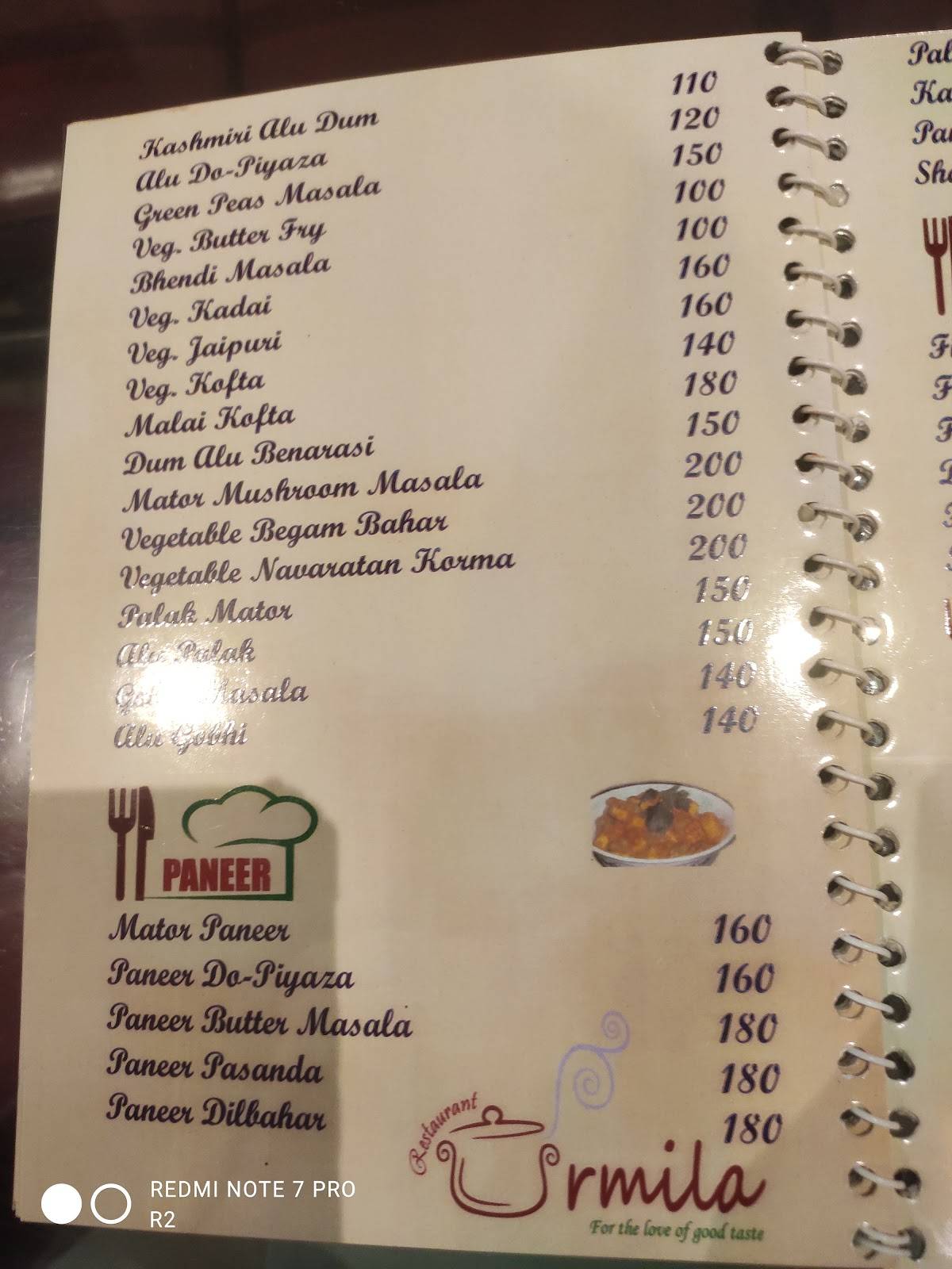 URMILA RESTAURANT menu