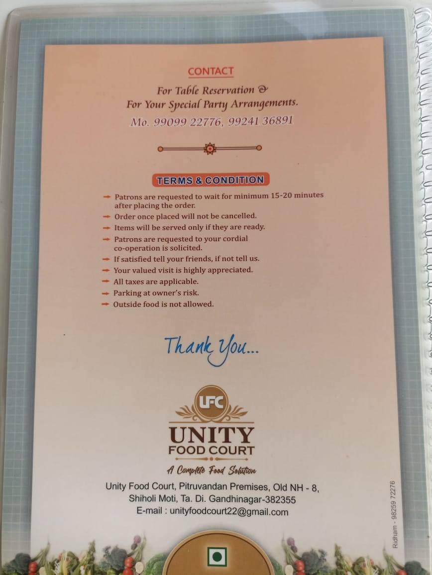 Unity Food Court menu