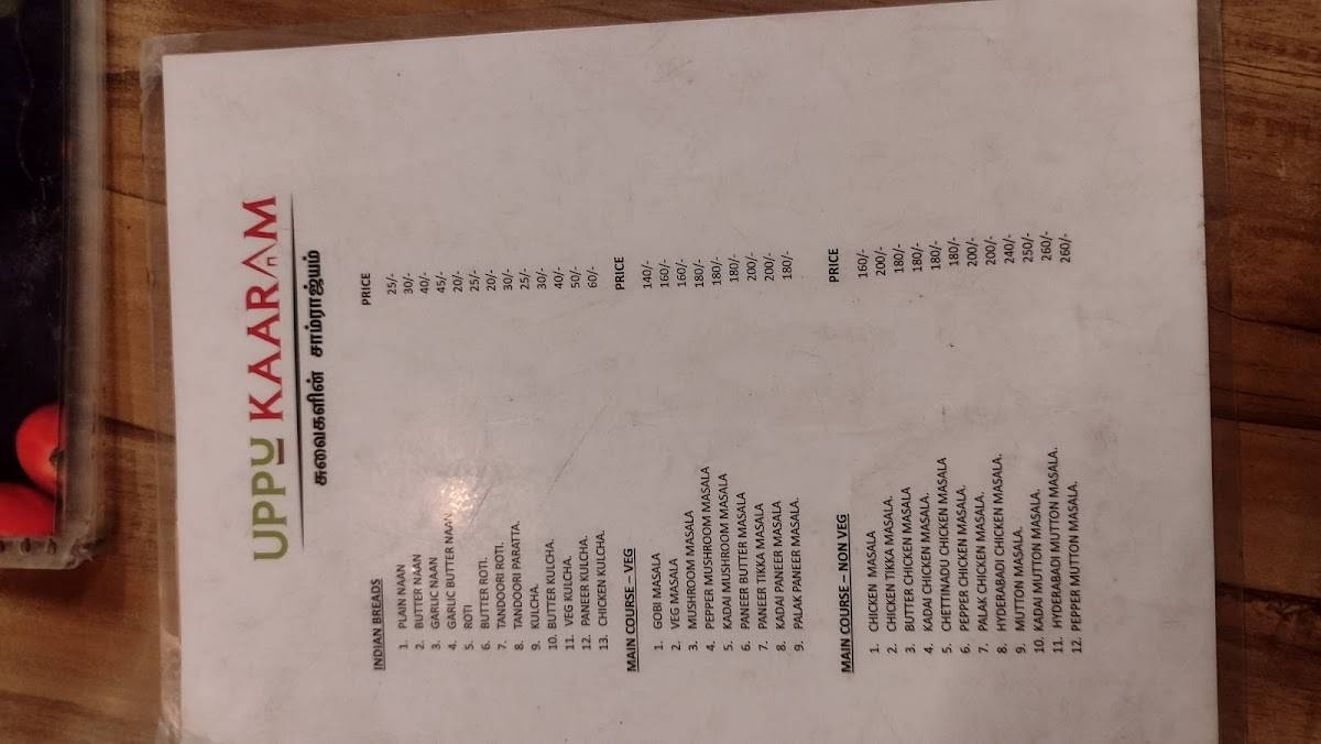Uppu Kaaram menu