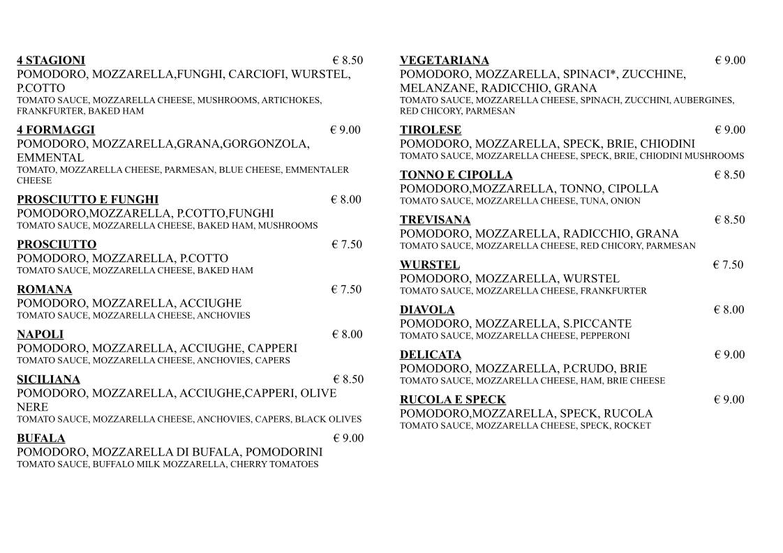 Menu di Pizzeria Urban Cafe' 