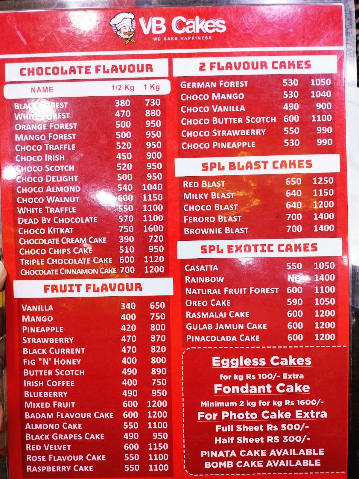 VB Cakes menu