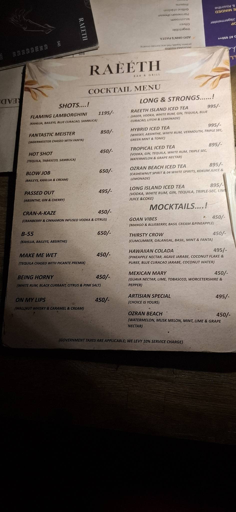 RAEETH Goa menu