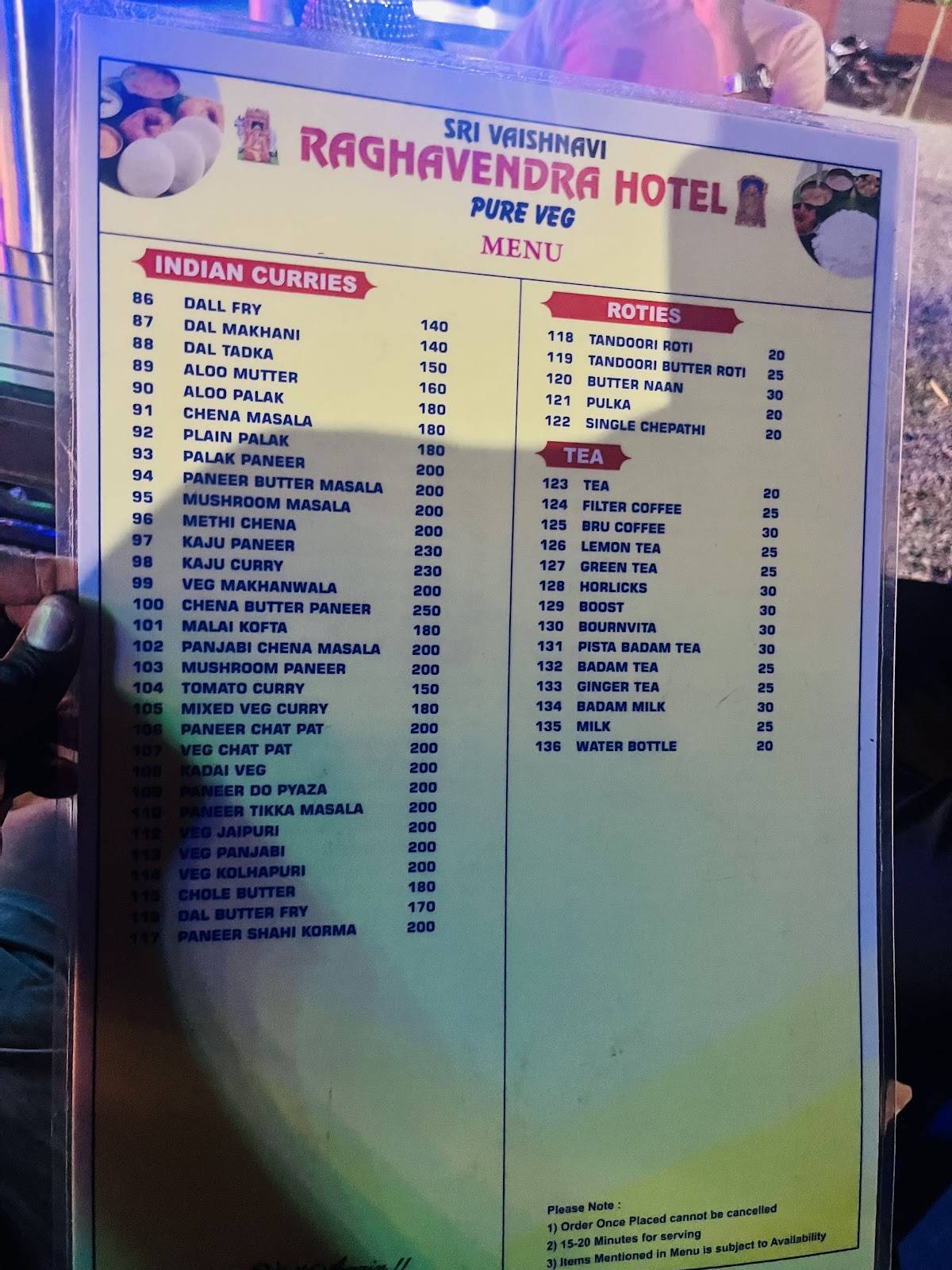 Vaishnavi Raghavendra hotel menu