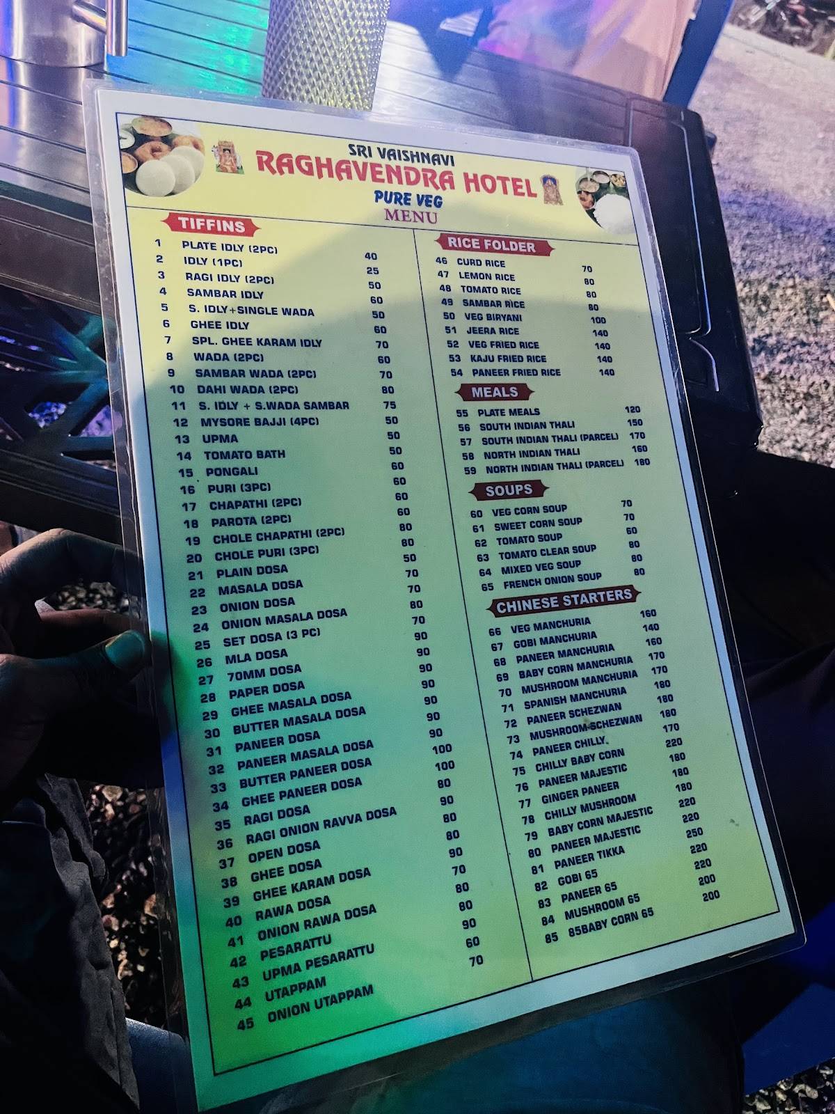 Vaishnavi Raghavendra hotel menu