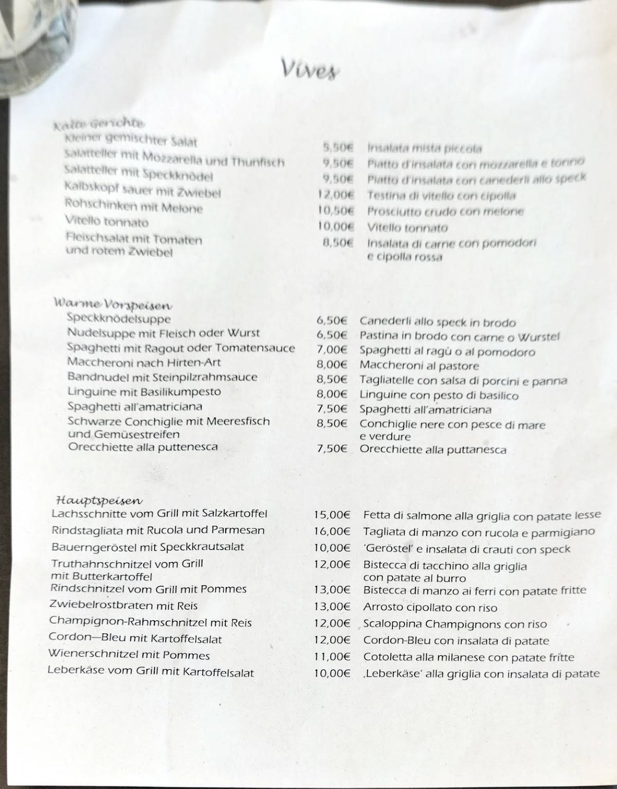 Menu di Trattoria Vives 