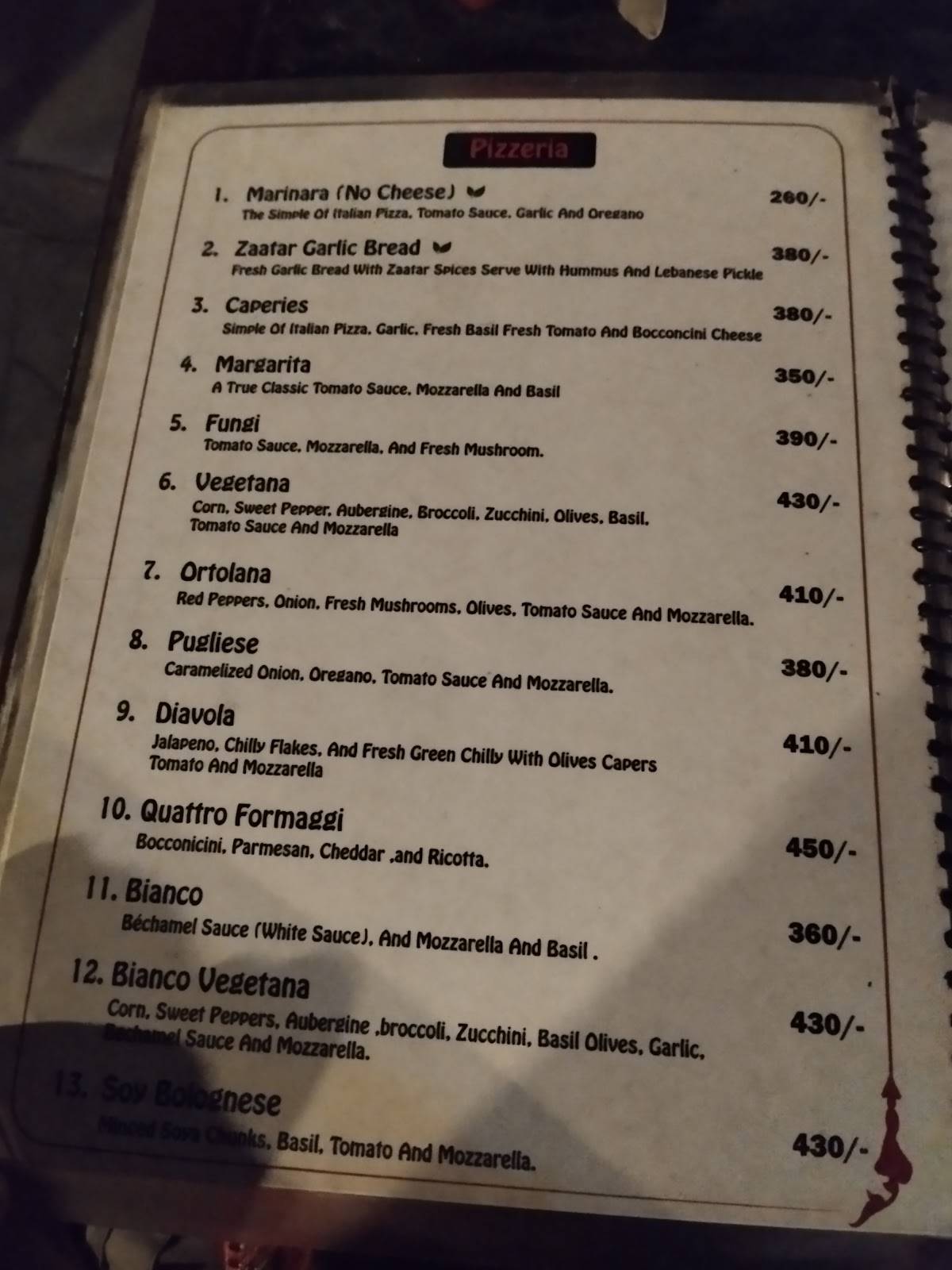Vj's giardino by the Ganges menu