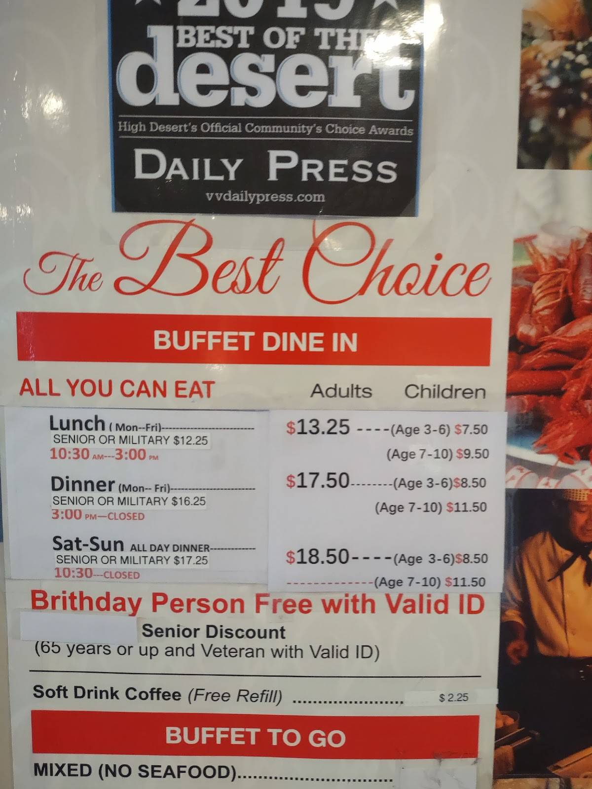 Menu at W Spoon Buffet restaurant, Victorville