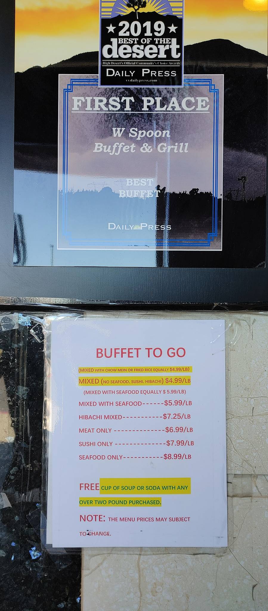 Menu at W Spoon Buffet restaurant, Victorville