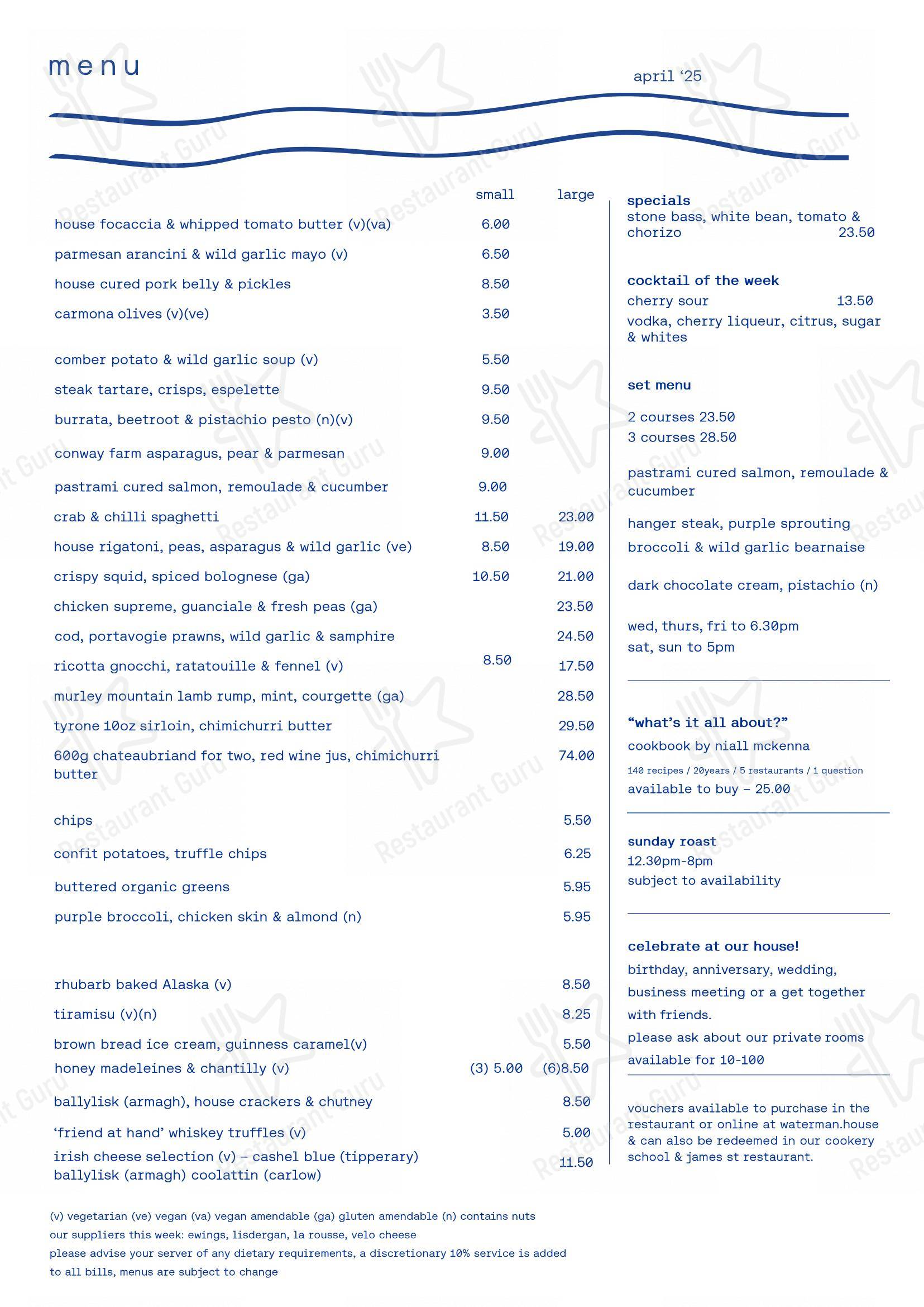 Menu at Waterman House restaurant, Belfast
