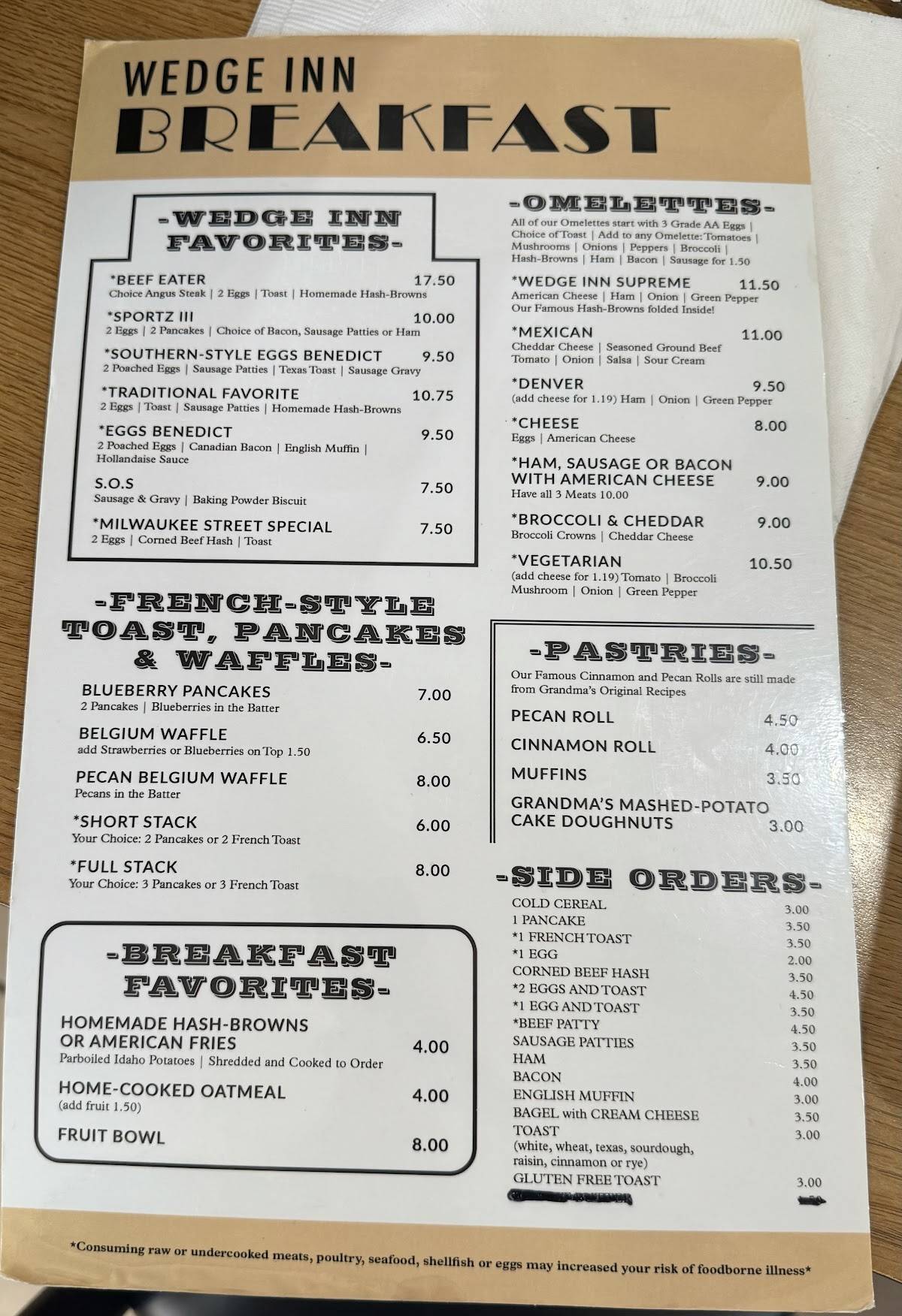 Menu at Wedge Inn Cafe, Janesville