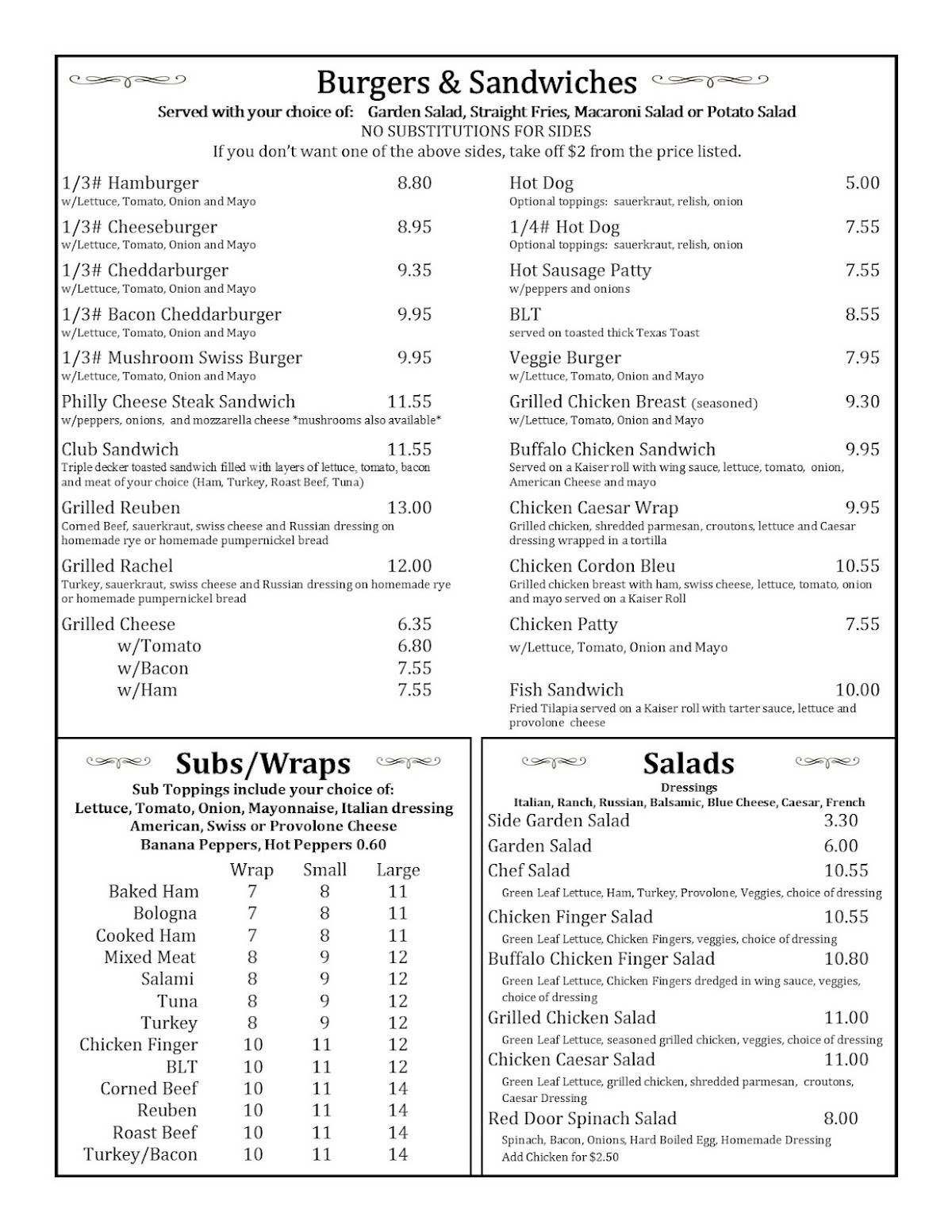 Menu at Red Door restaurant, West Winfield