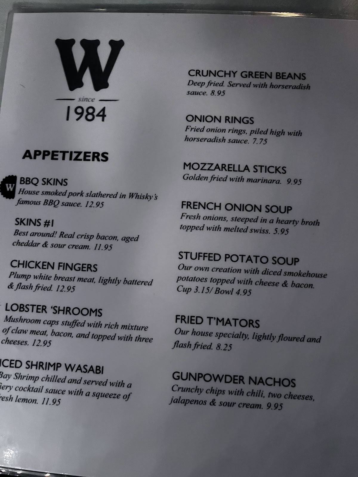 Menu at Whisky's restaurant, Lawrenceburg