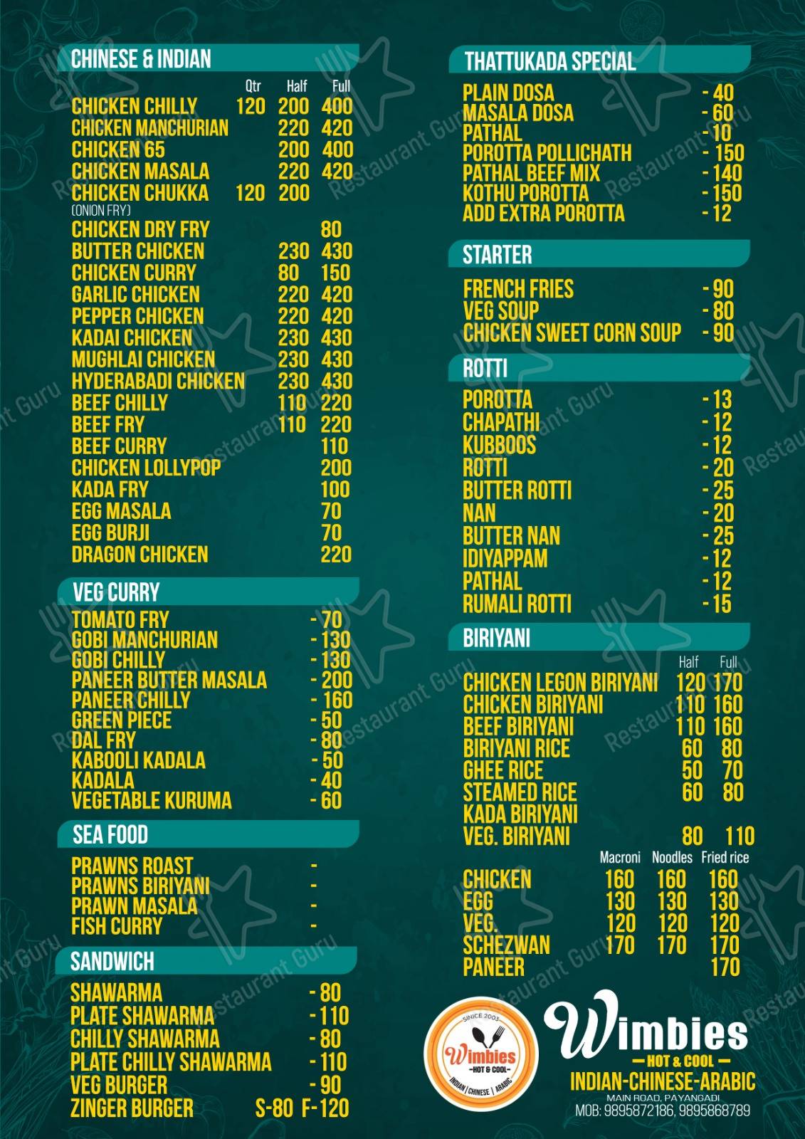 Menu for the Wimbies Restaurant & Fried Chicken restaurant