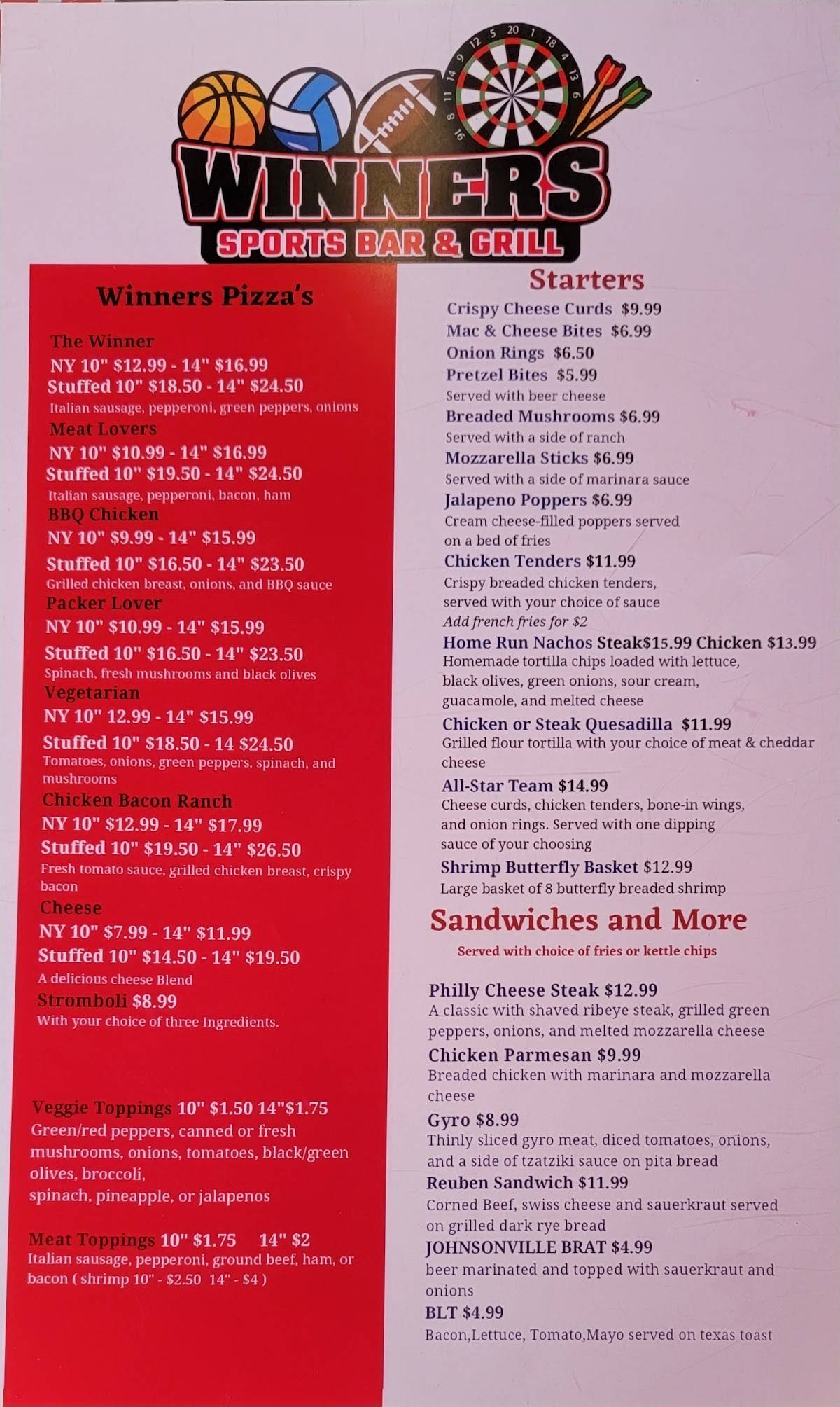 Menu at Winners Sports Bar and Grill, Oshkosh