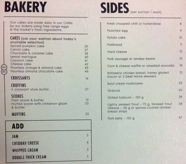 Woolworths Café menu