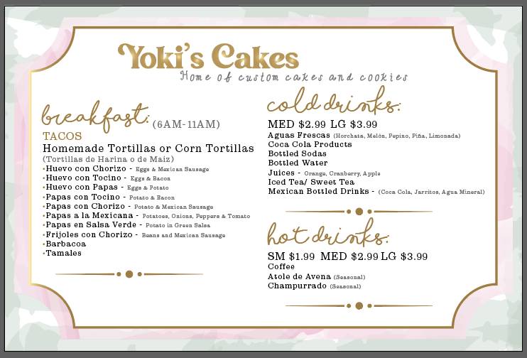 Menu at Yoki's Cakes & More, Lufkin