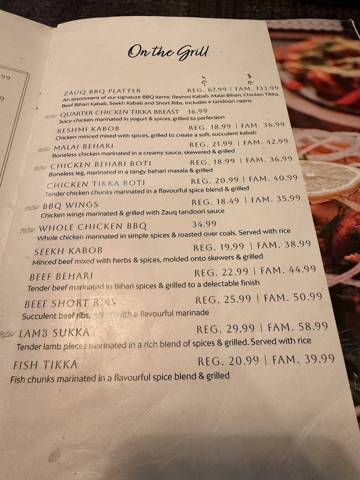 Menu de Zauq Mississauga - Halal Pakistani, Indian & Hakka Cuisine