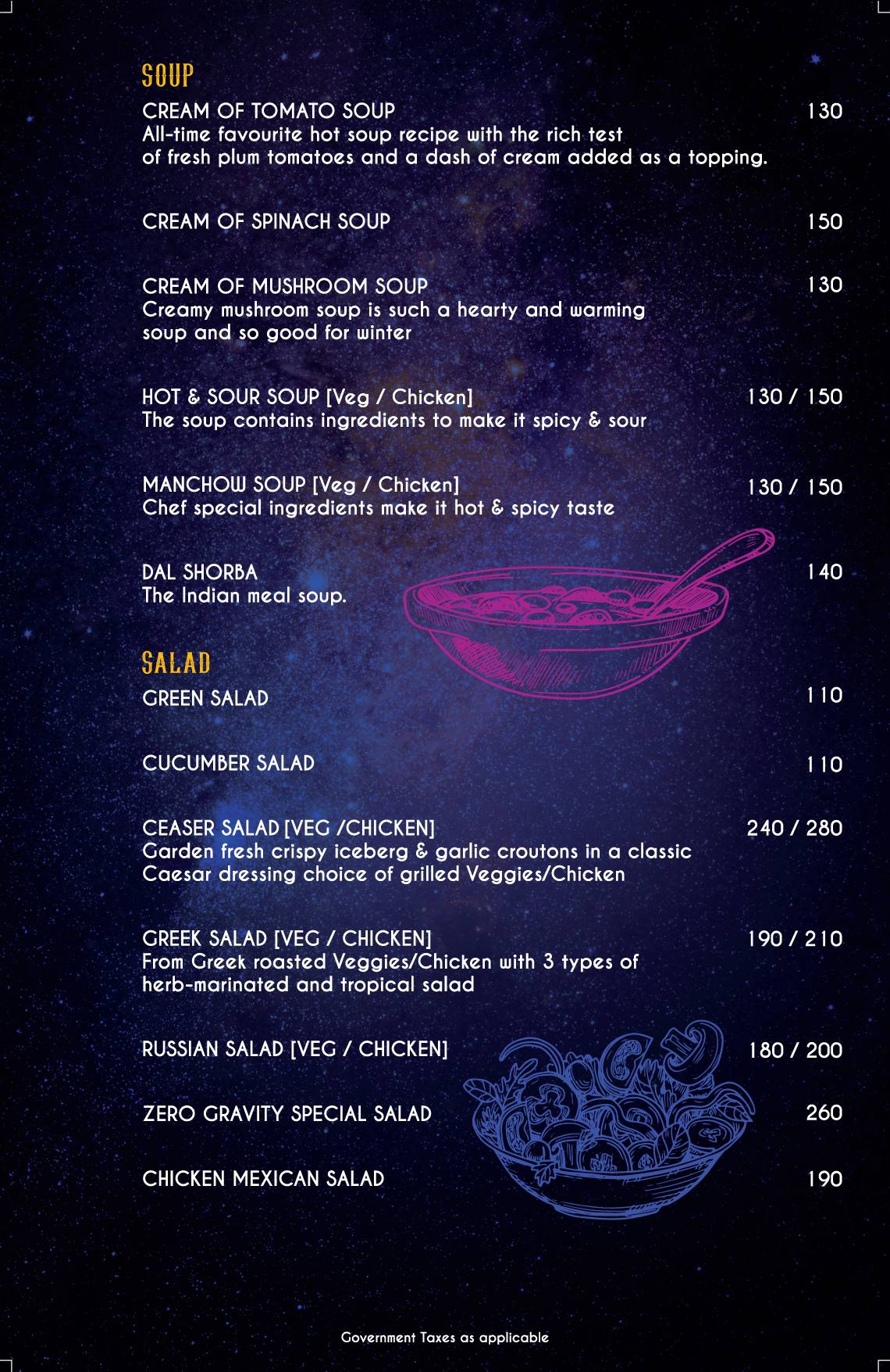 Zero Gravity Pune menu