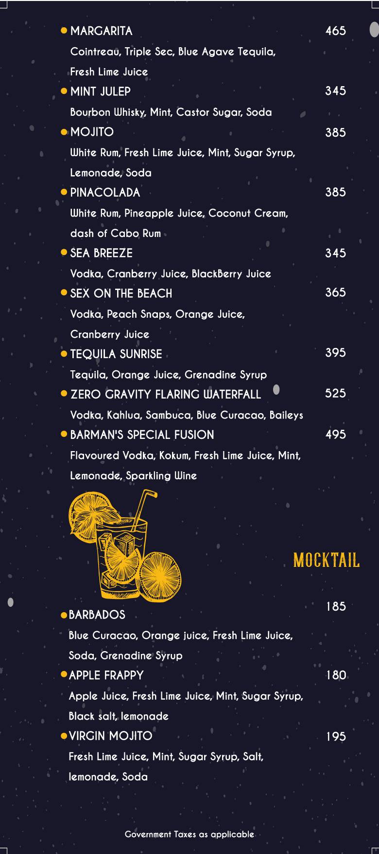 Zero Gravity Pune menu