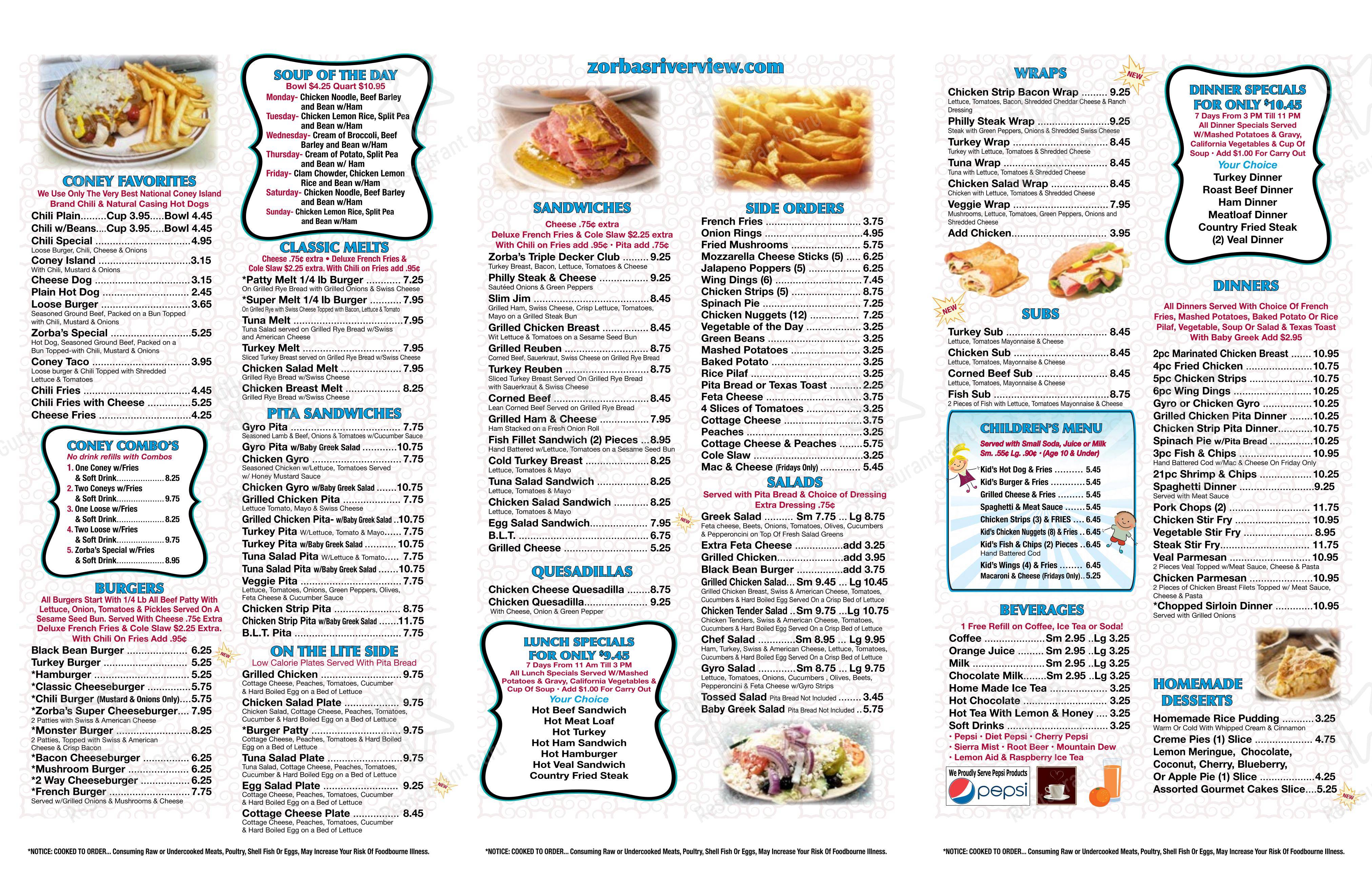 Menu at Zorba's Coney Island restaurant, Riverview, Fort St