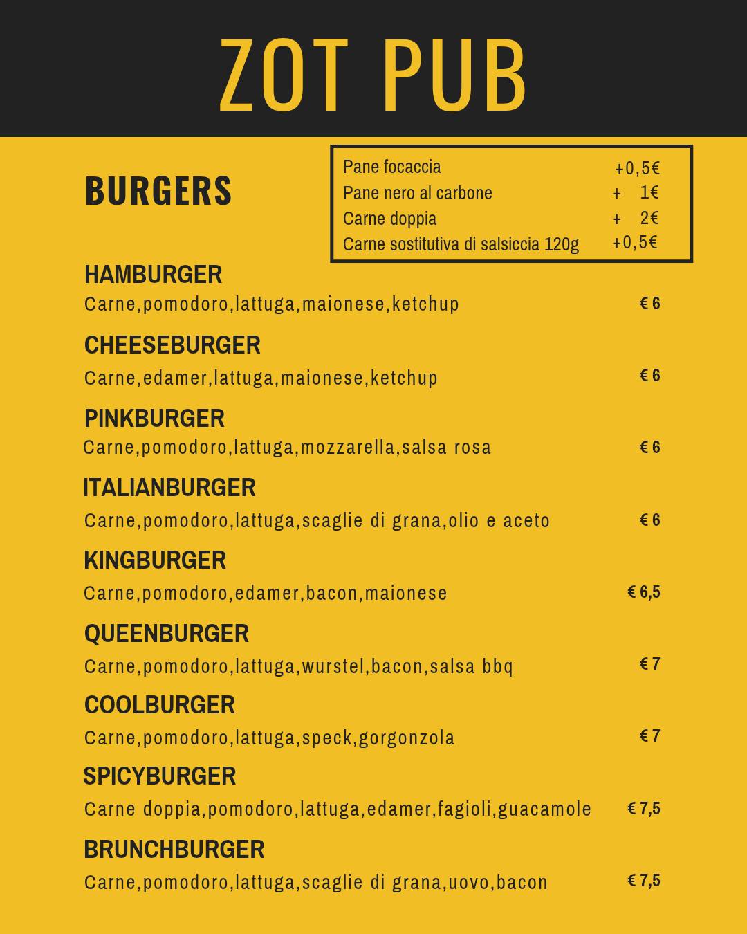 Menu di Zot! Pub Risto Bar 