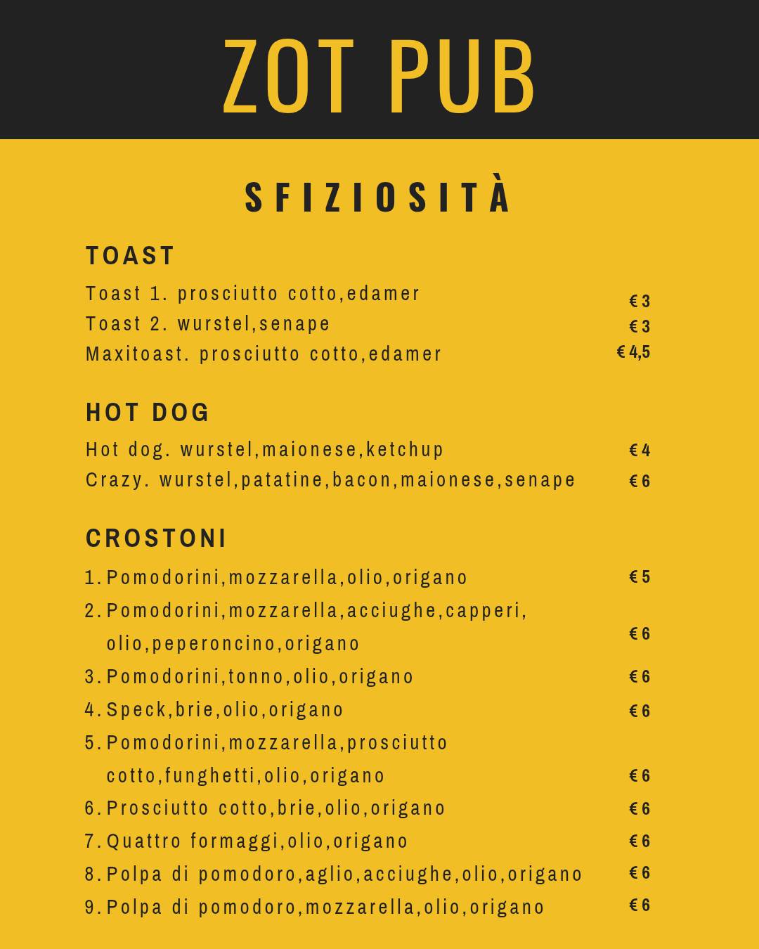 Menu di Zot! Pub Risto Bar 