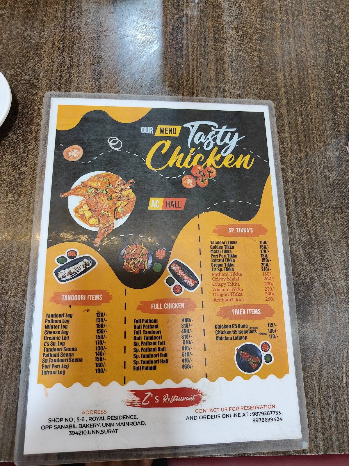 Z's Restaurant menu