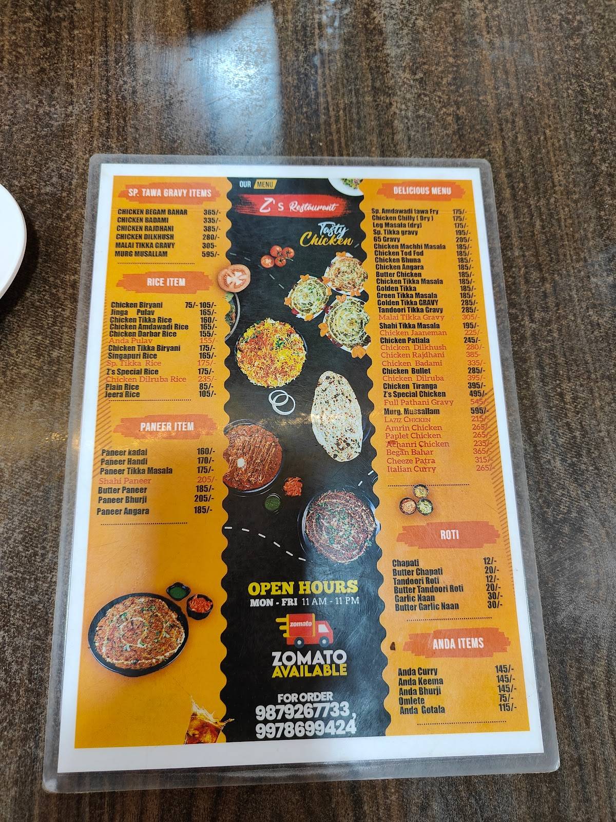 Z's Restaurant menu