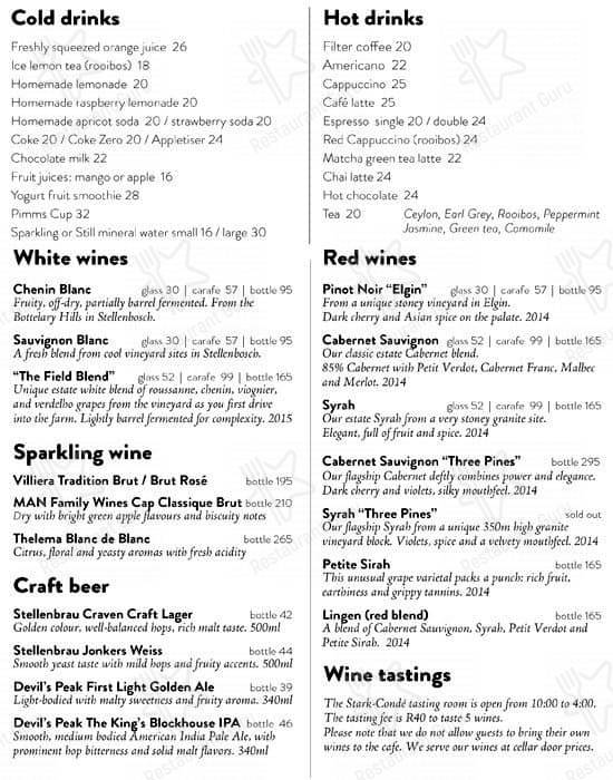 Menu at Postcard Café at StarkCondé Wines cafe, Stellenbosch