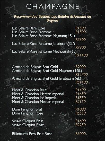 Menu at Saint Champagne Bar & Lounge - Nightclub, Cape Town