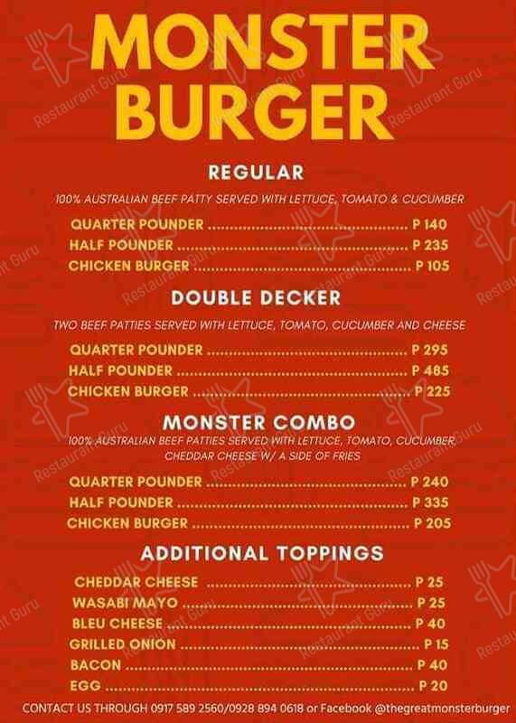 Menu at Monster Burger, Quezon City, Level 1
