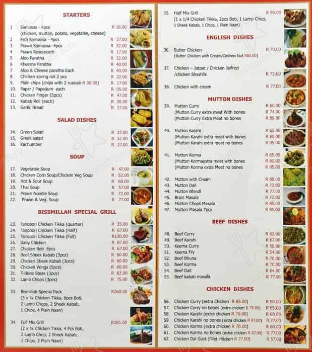 Menu at Bismillah Restaurant, Lenasia