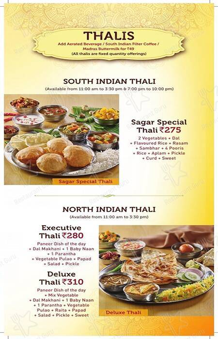 Sagar Ratna menu