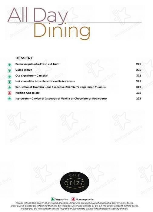 Cafe Oriza- Hyatt Raipur menu