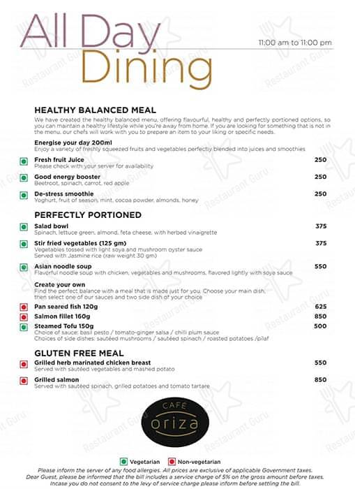 Cafe Oriza- Hyatt Raipur menu