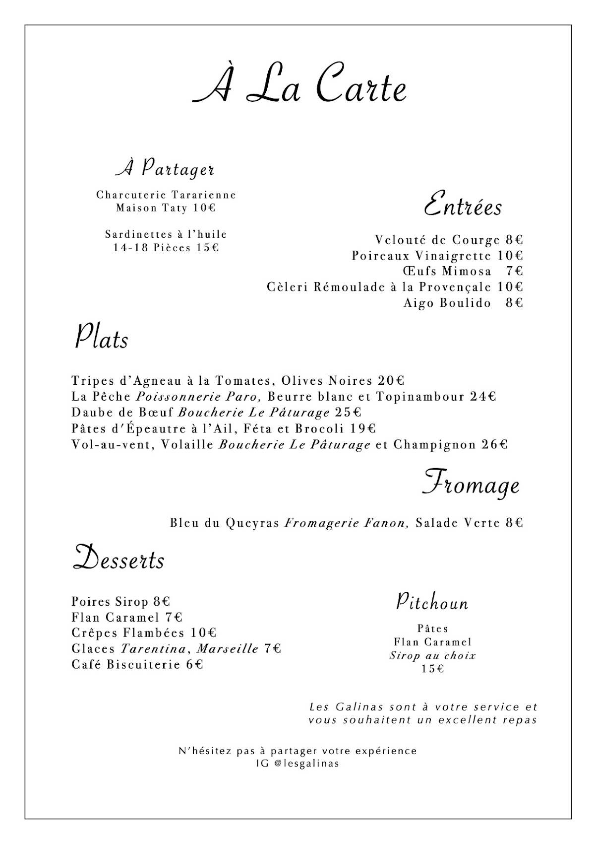 Menu de Les Galinas - La Table Provençale