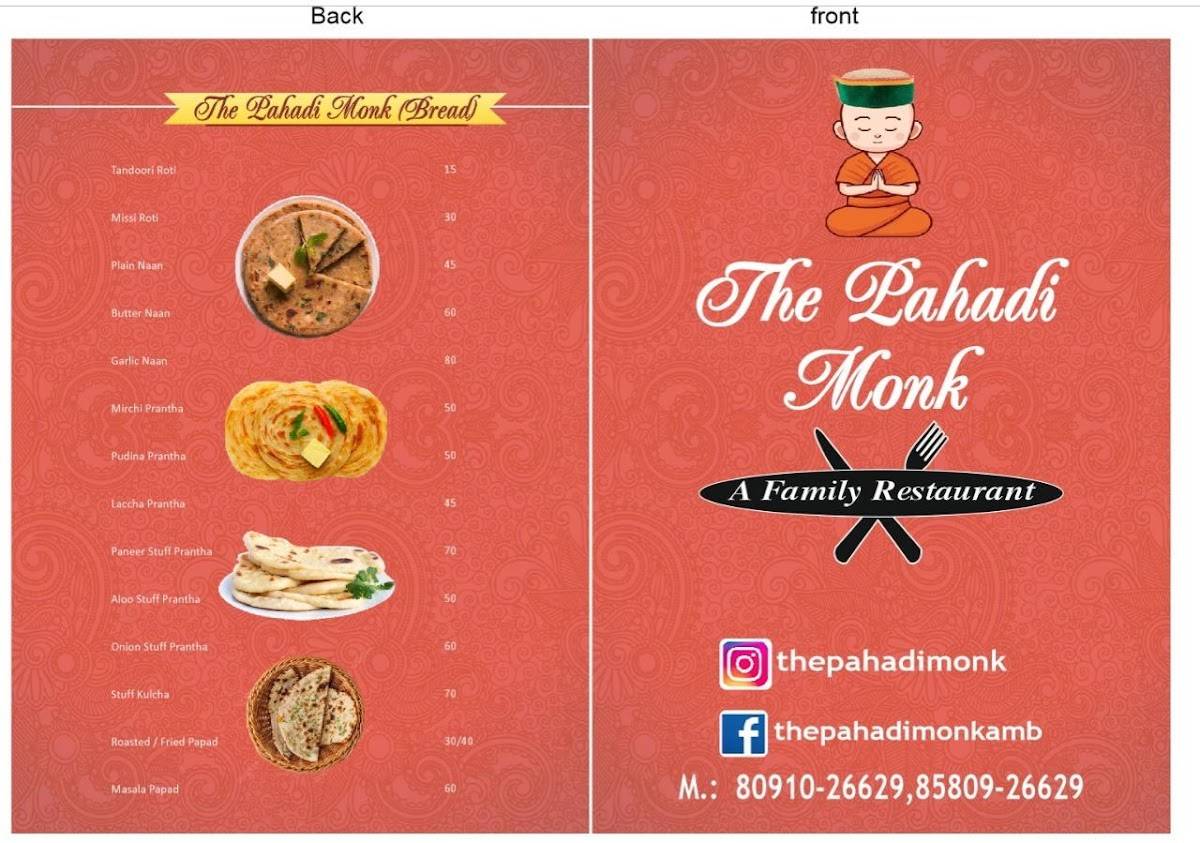 The Pahadi Monk menu