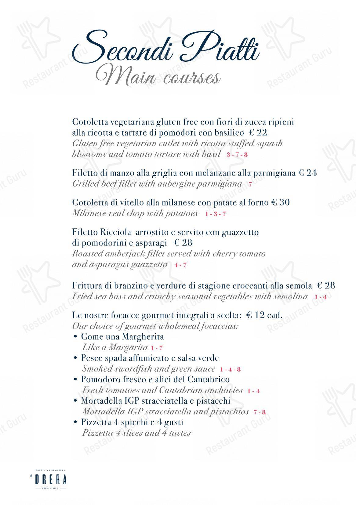 Основное меню per Drera ristorante
