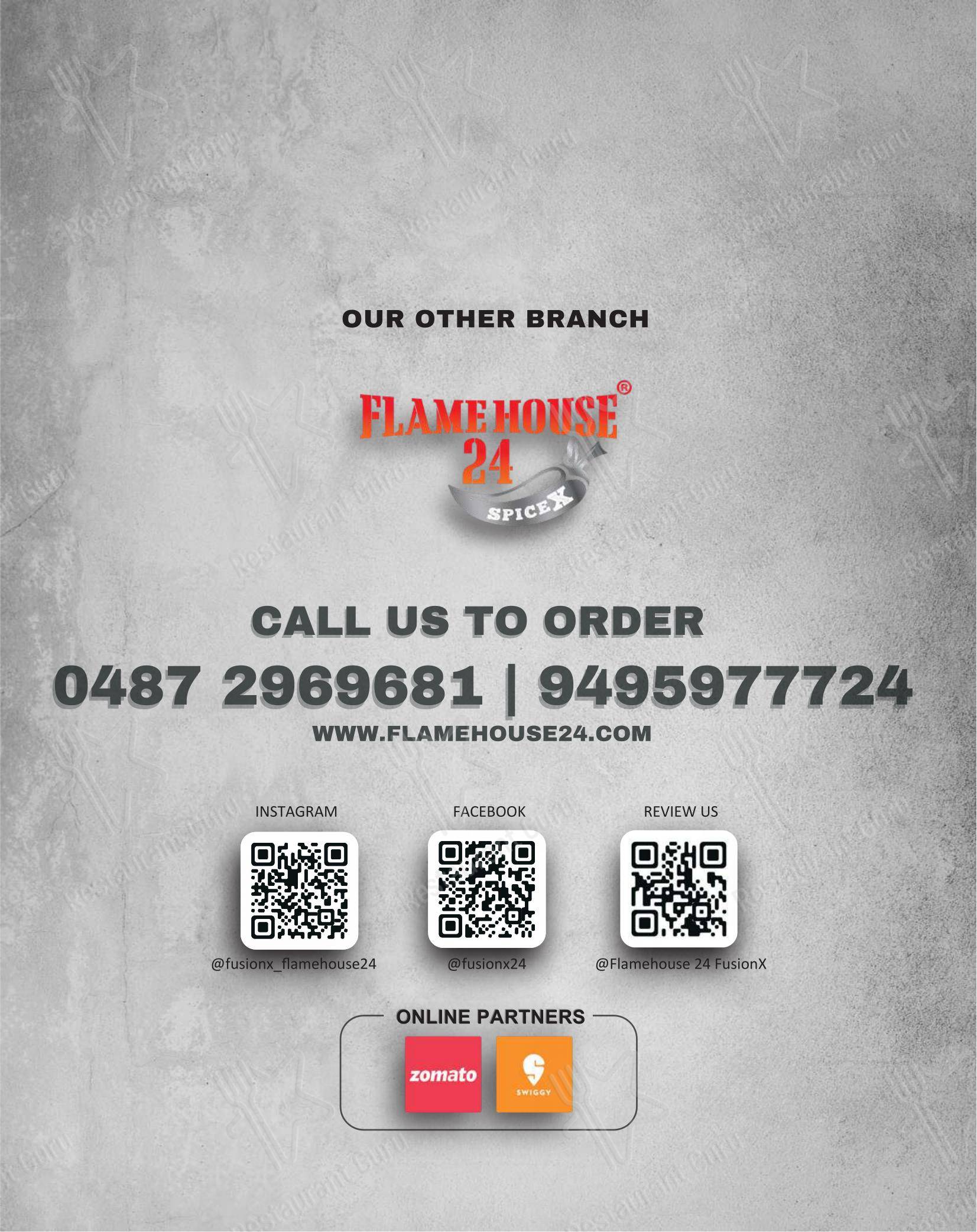 Menu bar for the Flame house 24 – Spicy Grilled Chicken Best Biryani in Thrissur restaurant