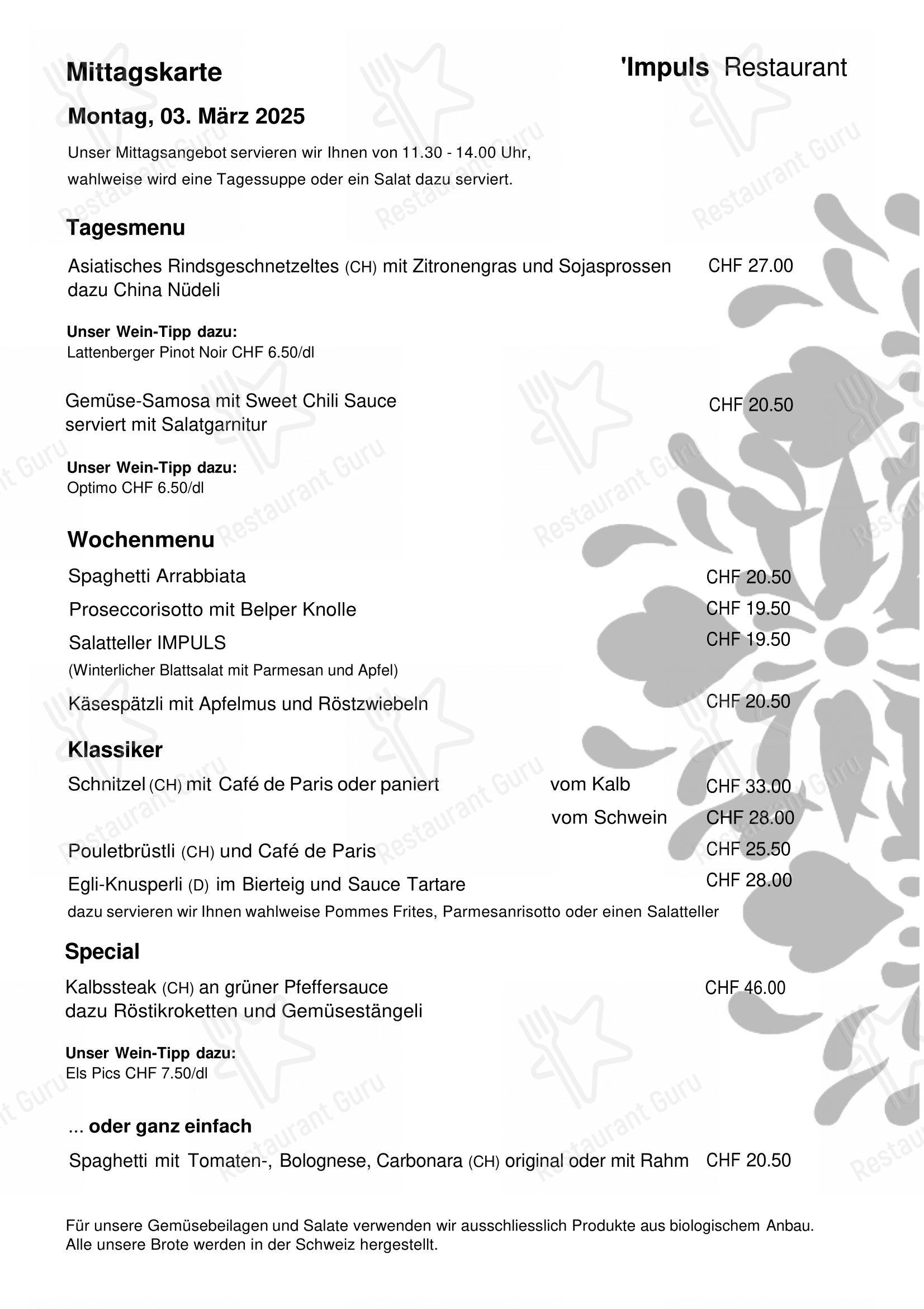 IMPULS - Restaurant in Wetzikon - Menu