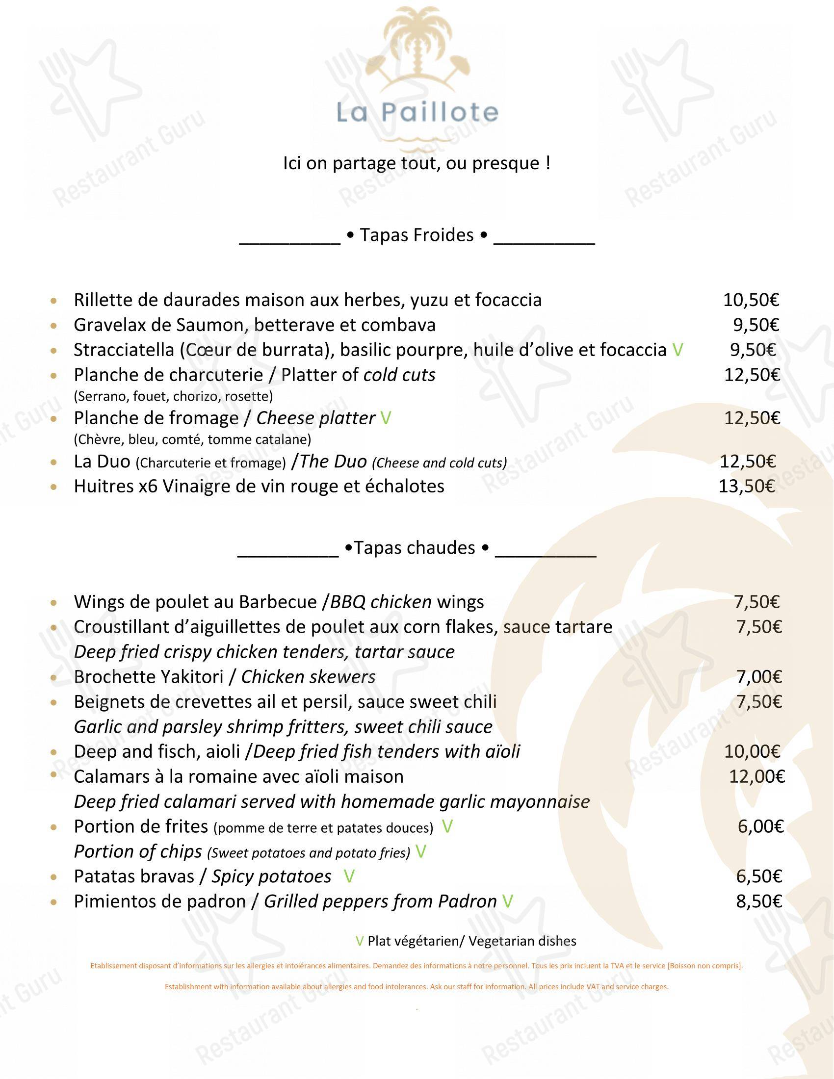 Menu pour La Paillote restaurant