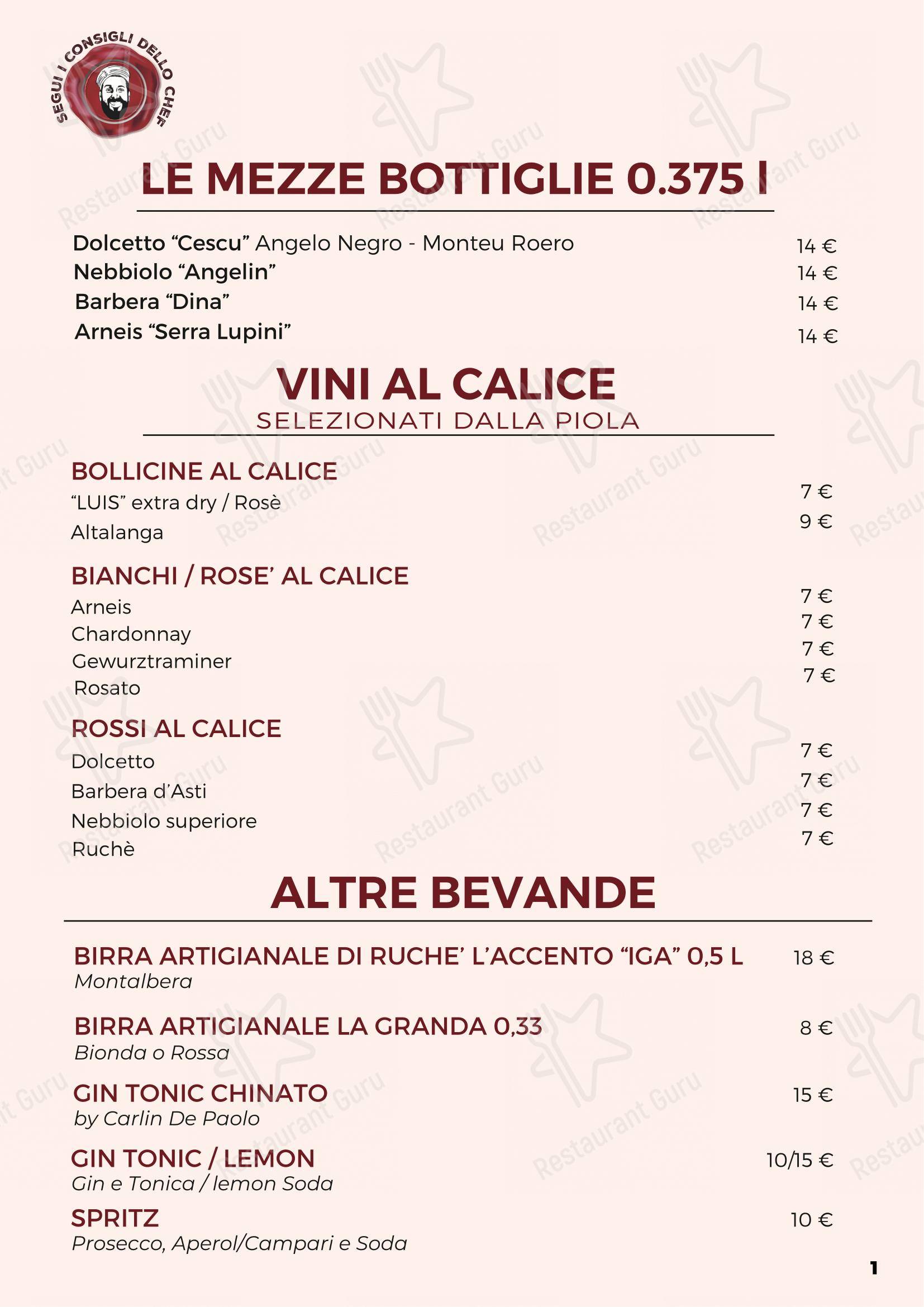 Menu bar per La Piola Di Via Piol ristorante