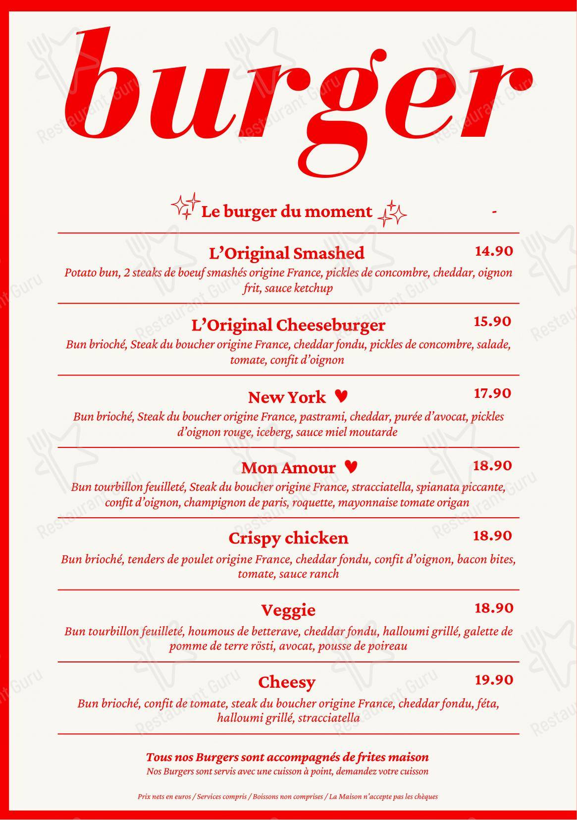Menu pour Mon Amour restaurant