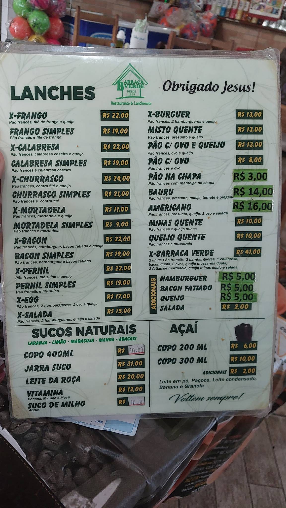 Barraca Verde descida litoral cardápio