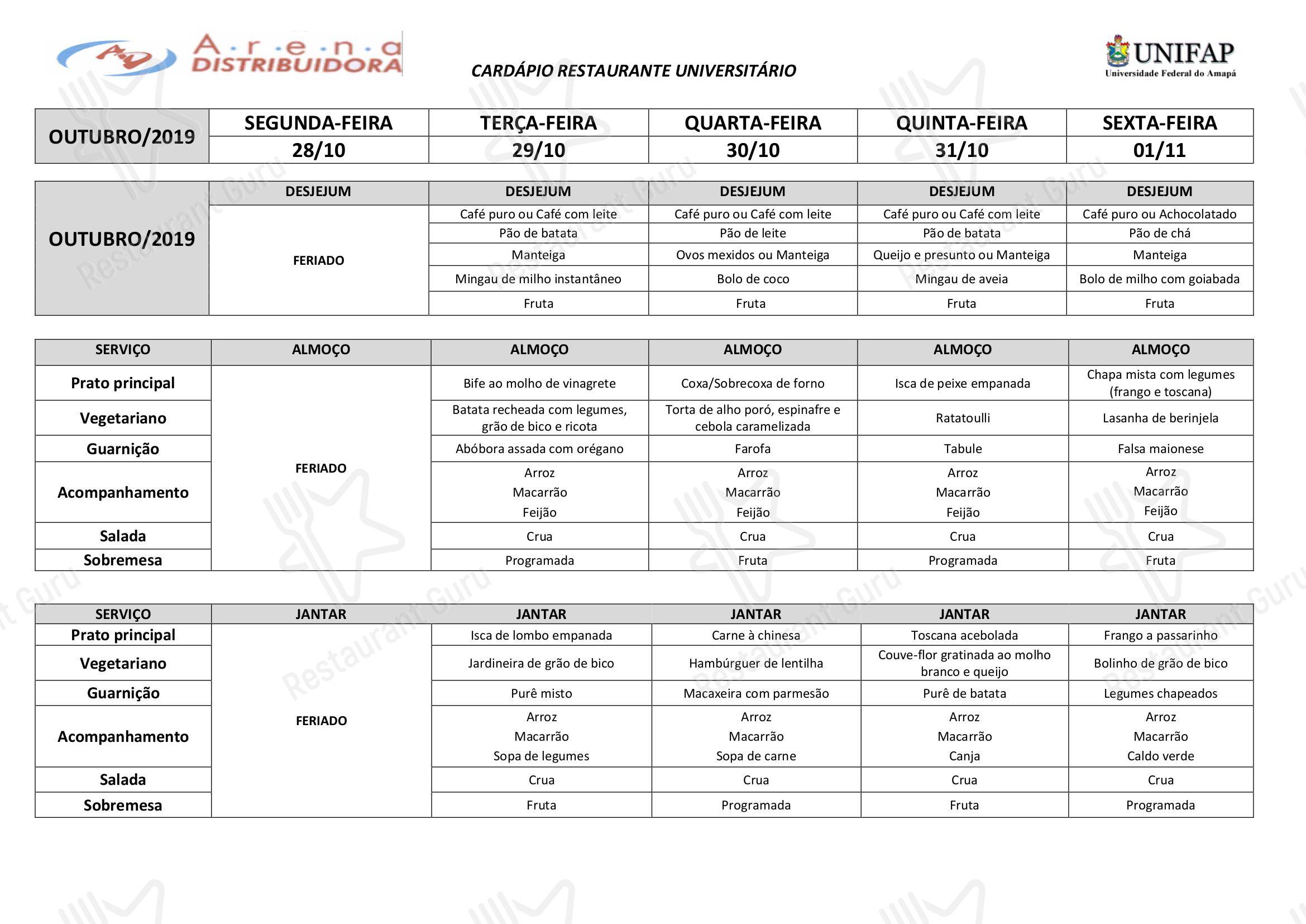 Burgers menu para Restaurante Universitário - UNIFAP em Macapá