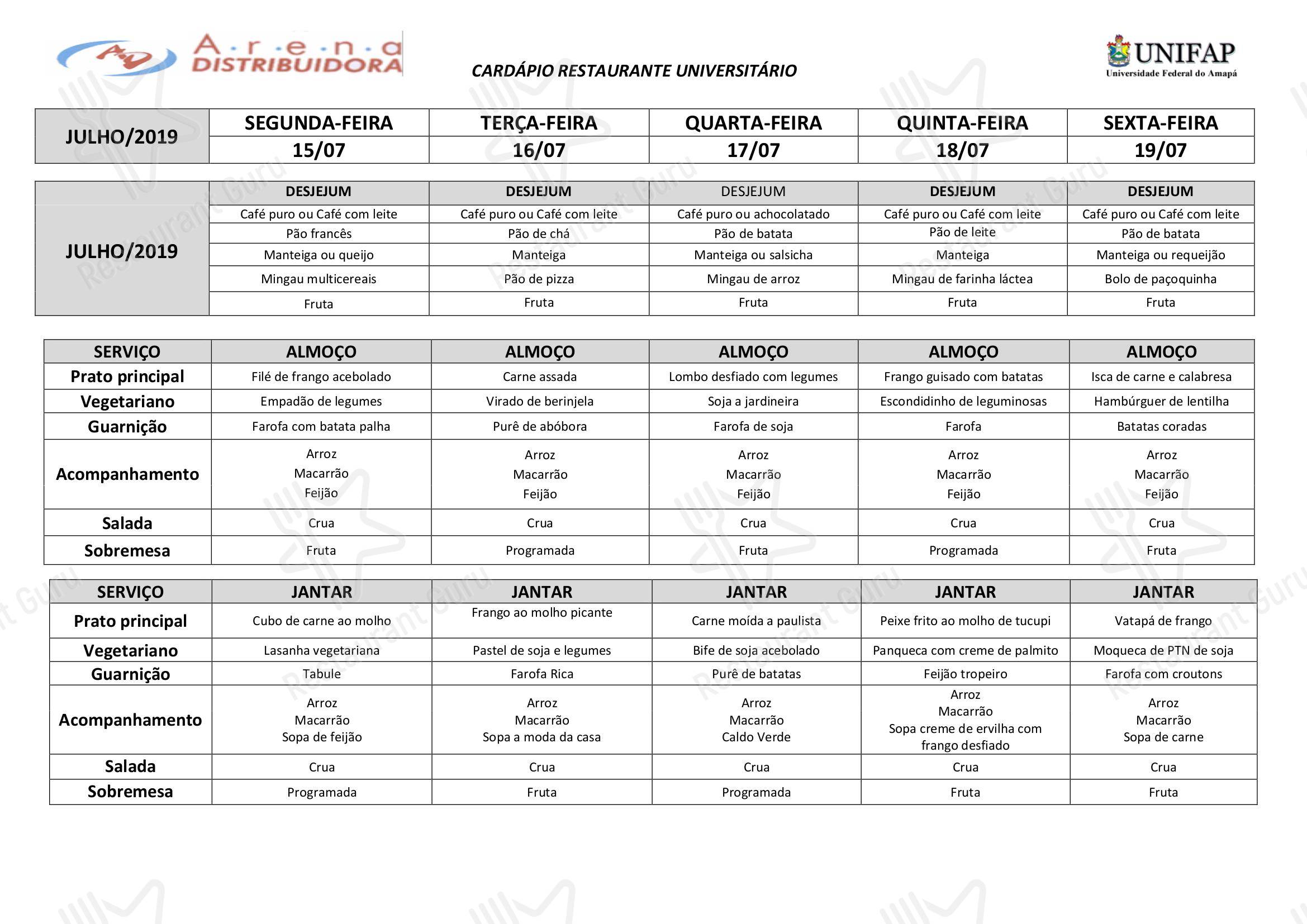 Speisekarte Winter para Restaurante Universitário - UNIFAP em Macapá