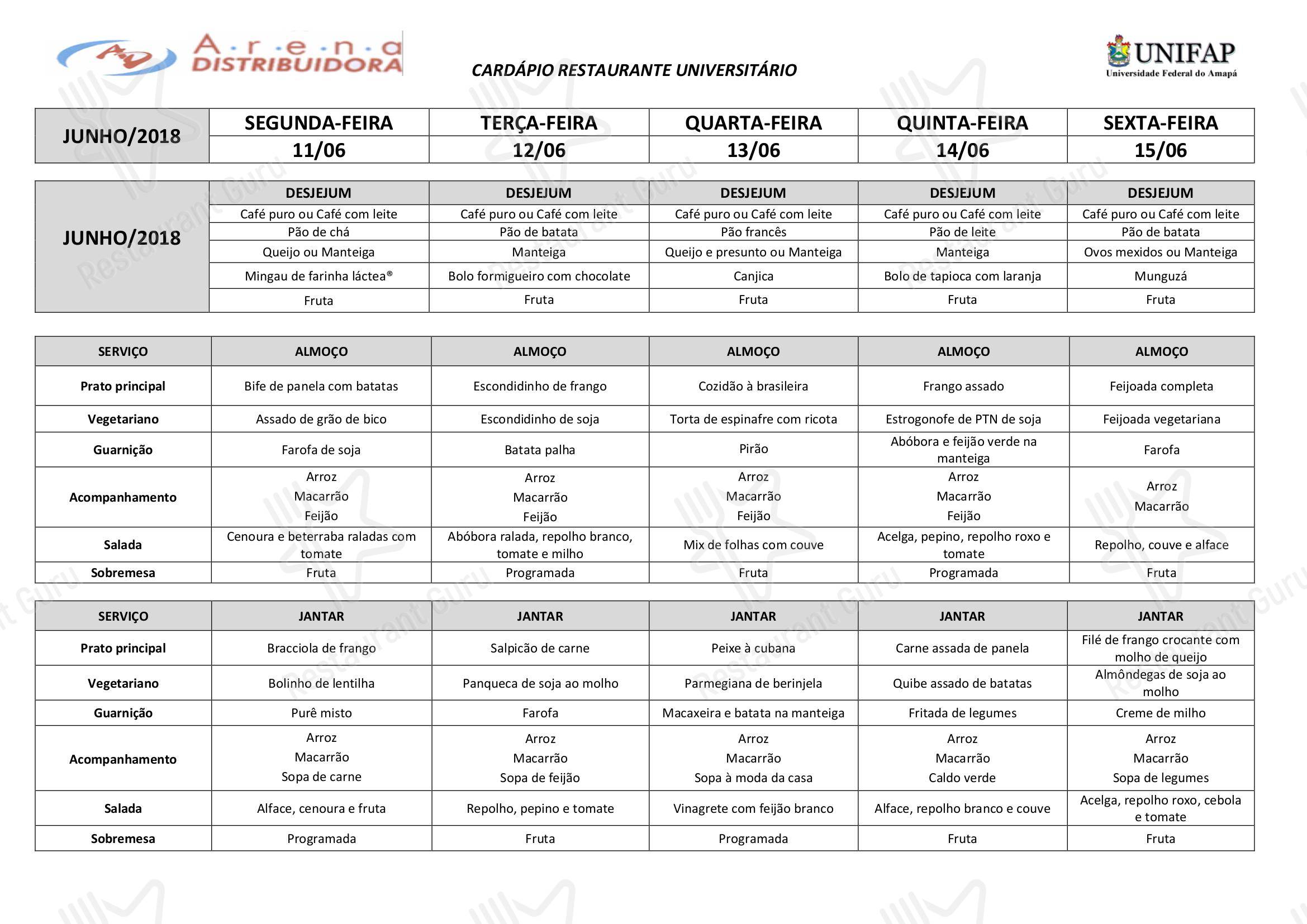 Menu Sample para Restaurante Universitário - UNIFAP restaurante