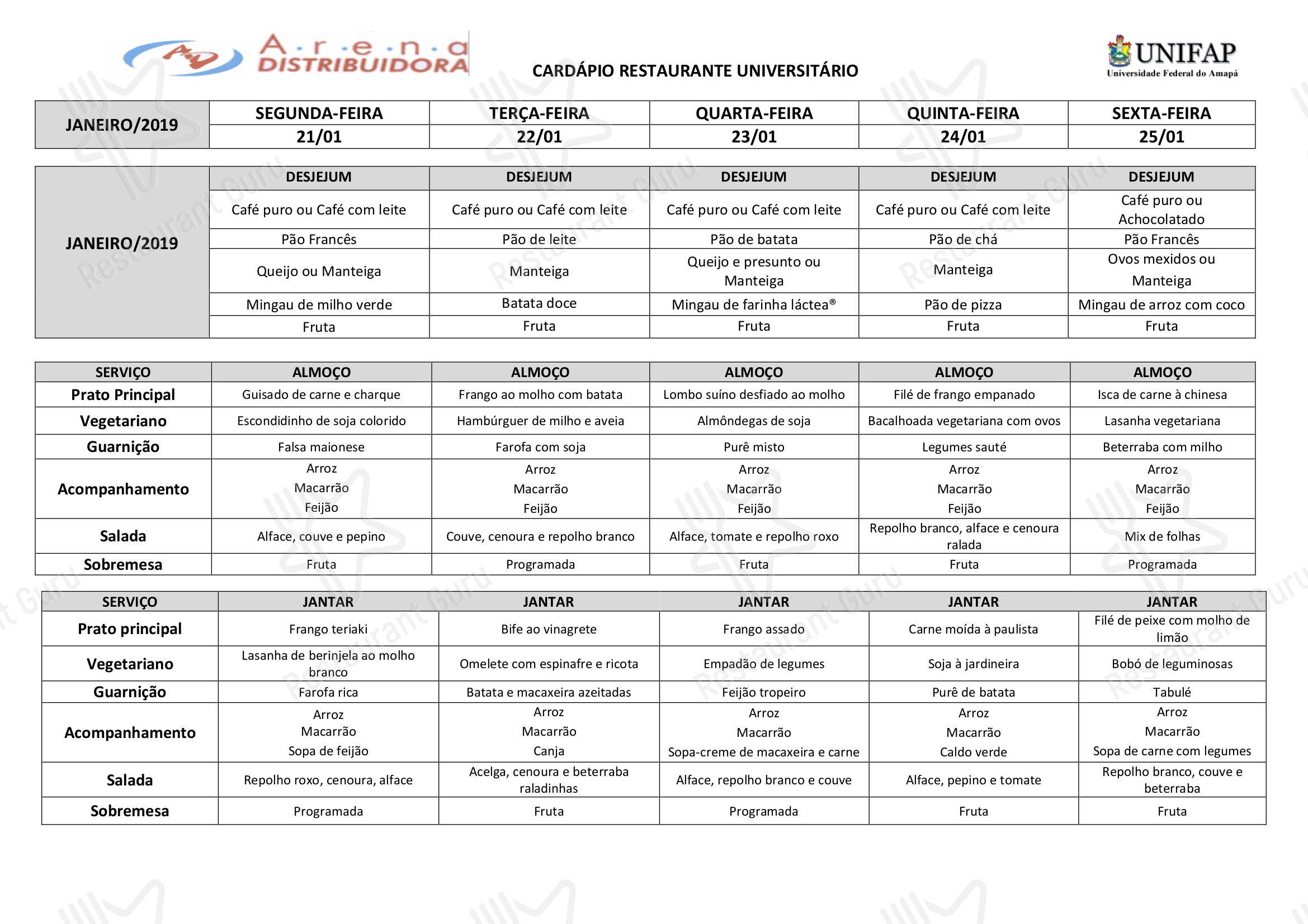 Restaurante Universitário - UNIFAP em Macapá - Menu Current