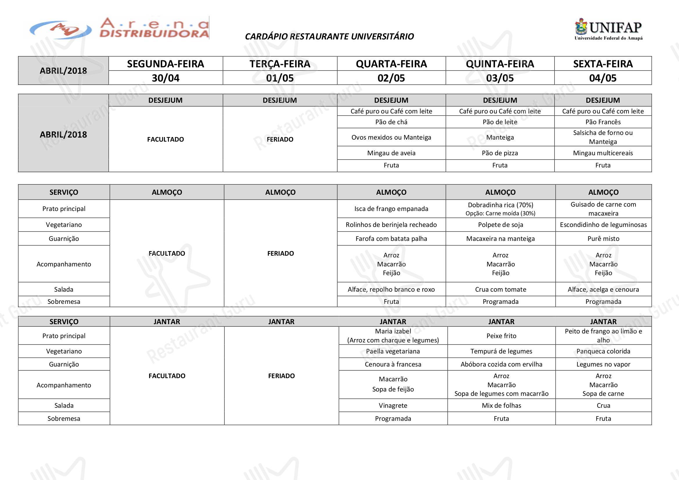 Italian menu para Restaurante Universitário - UNIFAP restaurante